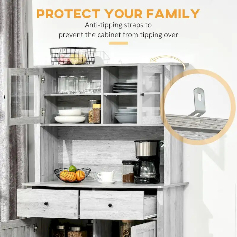 Credenza da cucina con vetrinetta, mobile dispensa con 4 ripiani, cassetti, ante in vetro con telaio, piano di lavoro aperto per microonde