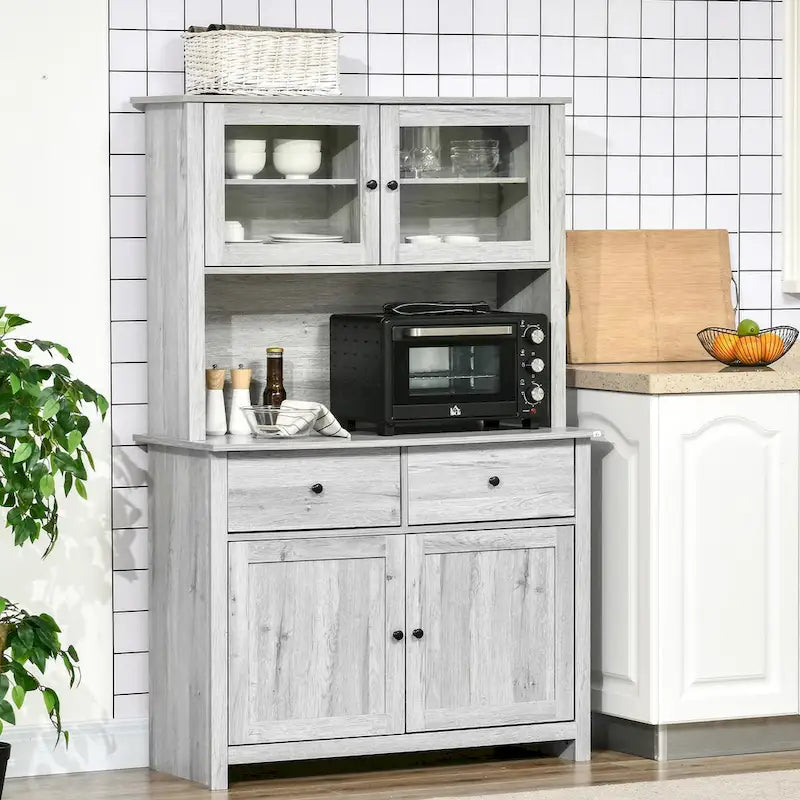 Credenza da cucina con vetrinetta, mobile dispensa con 4 ripiani, cassetti, ante in vetro con telaio, piano di lavoro aperto per microonde