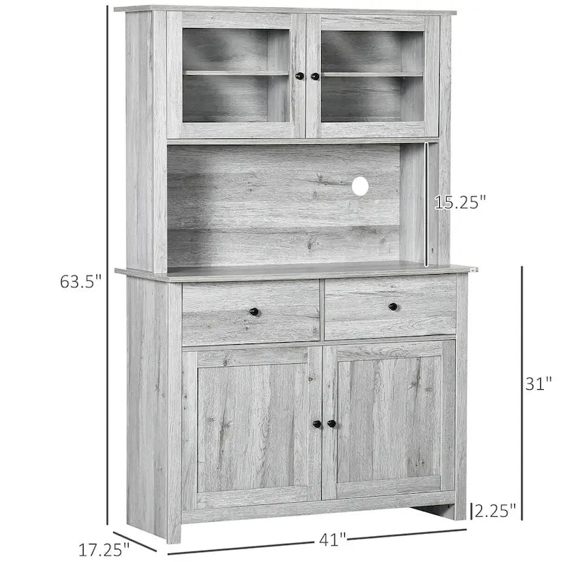 Credenza da cucina con vetrinetta, mobile dispensa con 4 ripiani, cassetti, ante in vetro con telaio, piano di lavoro aperto per microonde