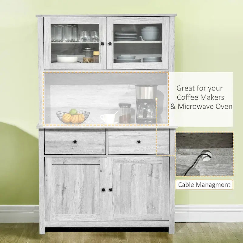 Credenza da cucina con vetrinetta, mobile dispensa con 4 ripiani, cassetti, ante in vetro con telaio, piano di lavoro aperto per microonde