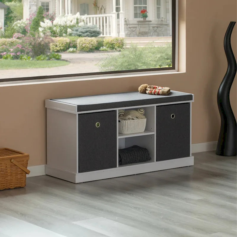 Panca Scarpiera in MDF con 2 Ripiani, Cesti Pieghevoli e Cuscino Grigio, Bianco