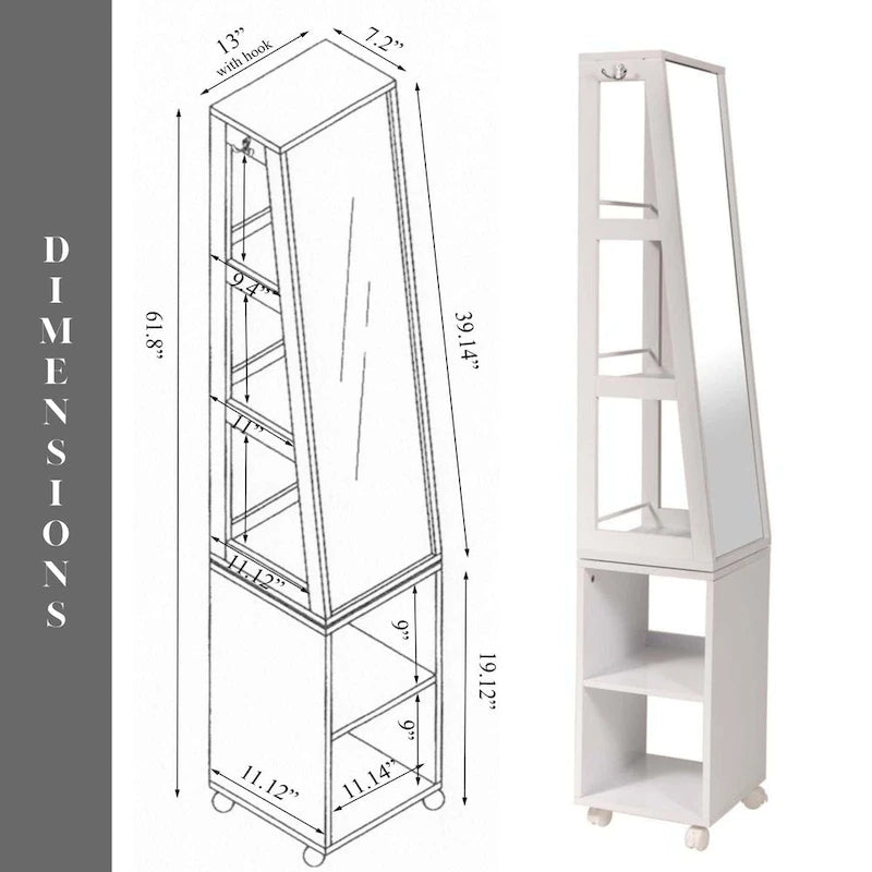 Mobile a specchio girevole Miami White con ripiani e base rotante - 13L x 11 3/4P x 61 1/2A