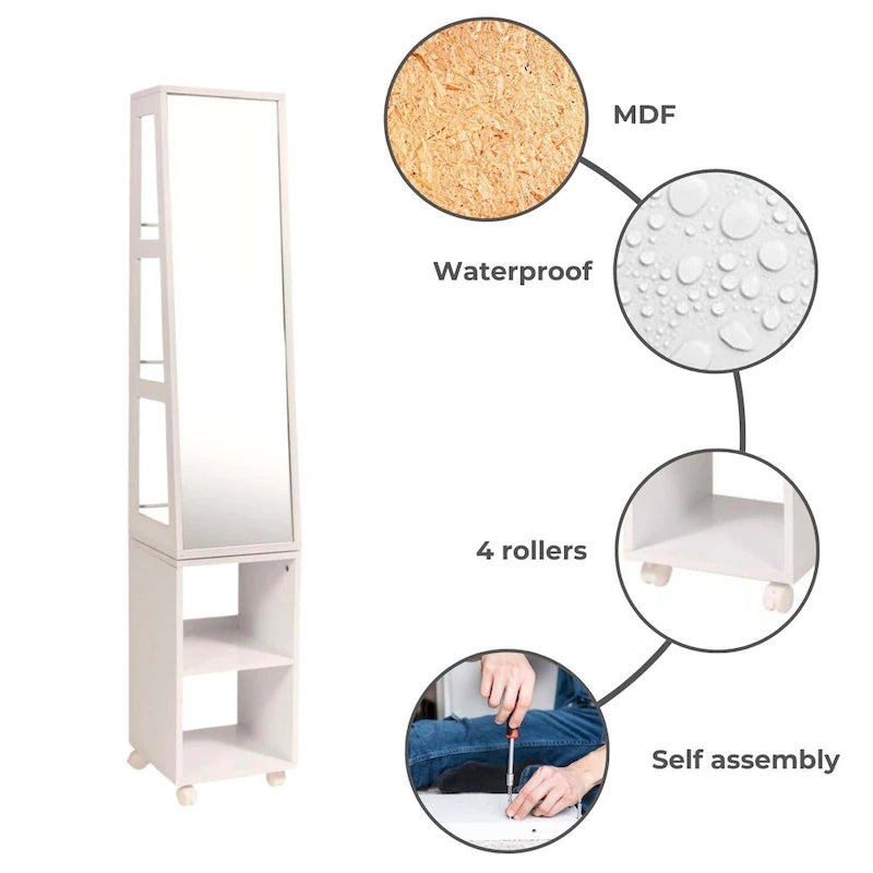 Mobile a specchio girevole Miami White con ripiani e base rotante - 13L x 11 3/4P x 61 1/2A