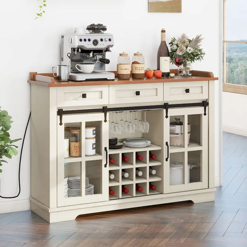 53 Meuble de rangement de cuisine avec porte de grange, buffet, bar à café et casier à vin