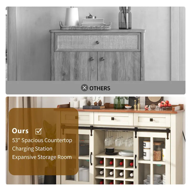 Mobile Credenza 53 Barn Door con Portabottiglie, Armadietto Buffet da Cucina con Ante Scorrevoli