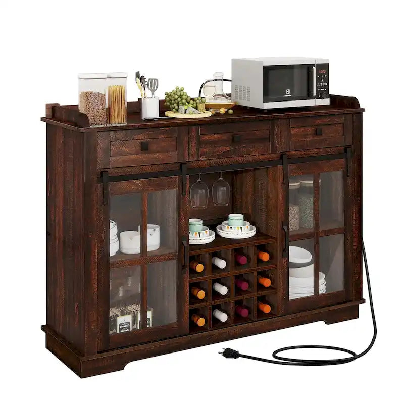 Mobile Credenza 53 Barn Door con Portabottiglie, Armadietto Buffet da Cucina con Ante Scorrevoli