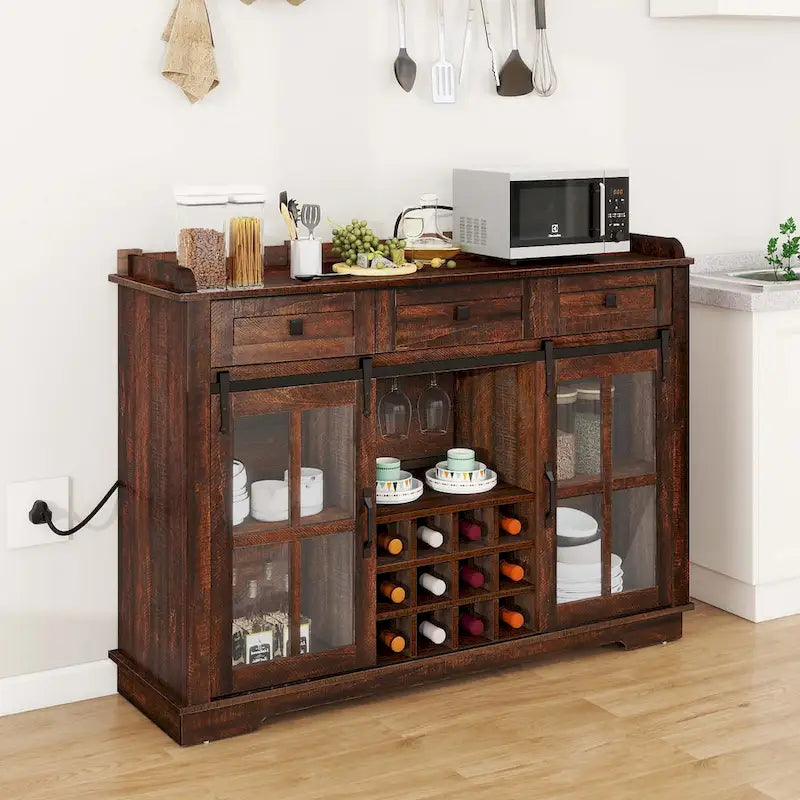 Mobile Credenza 53 Barn Door con Portabottiglie, Armadietto Buffet da Cucina con Ante Scorrevoli