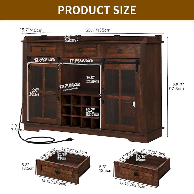 Mobile Credenza 53 Barn Door con Portabottiglie, Armadietto Buffet da Cucina con Ante Scorrevoli