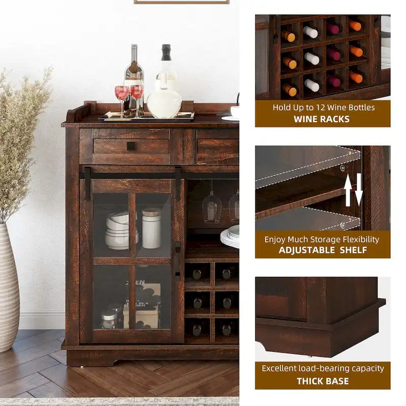 Mobile Credenza 53 Barn Door con Portabottiglie, Armadietto Buffet da Cucina con Ante Scorrevoli