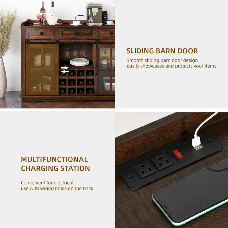 Mobile Credenza 53 Barn Door con Portabottiglie, Armadietto Buffet da Cucina con Ante Scorrevoli