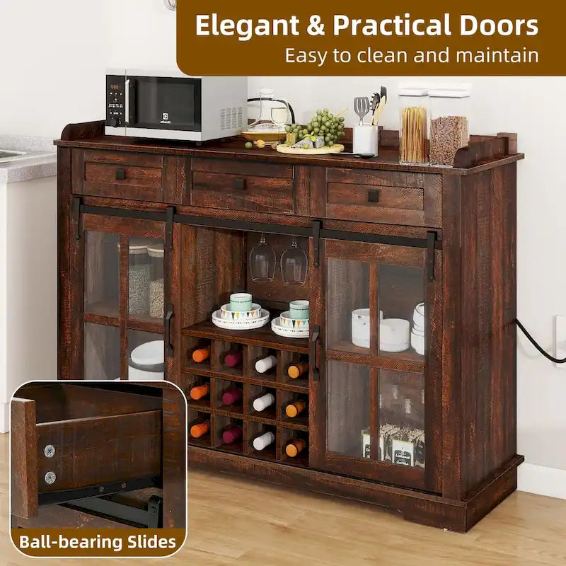 Mobile Credenza 53 Barn Door con Portabottiglie, Armadietto Buffet da Cucina con Ante Scorrevoli