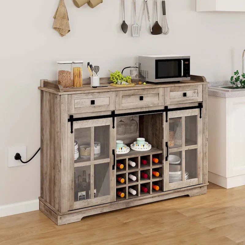 Mobile Credenza 53 Barn Door con Portabottiglie, Armadietto Buffet da Cucina con Ante Scorrevoli
