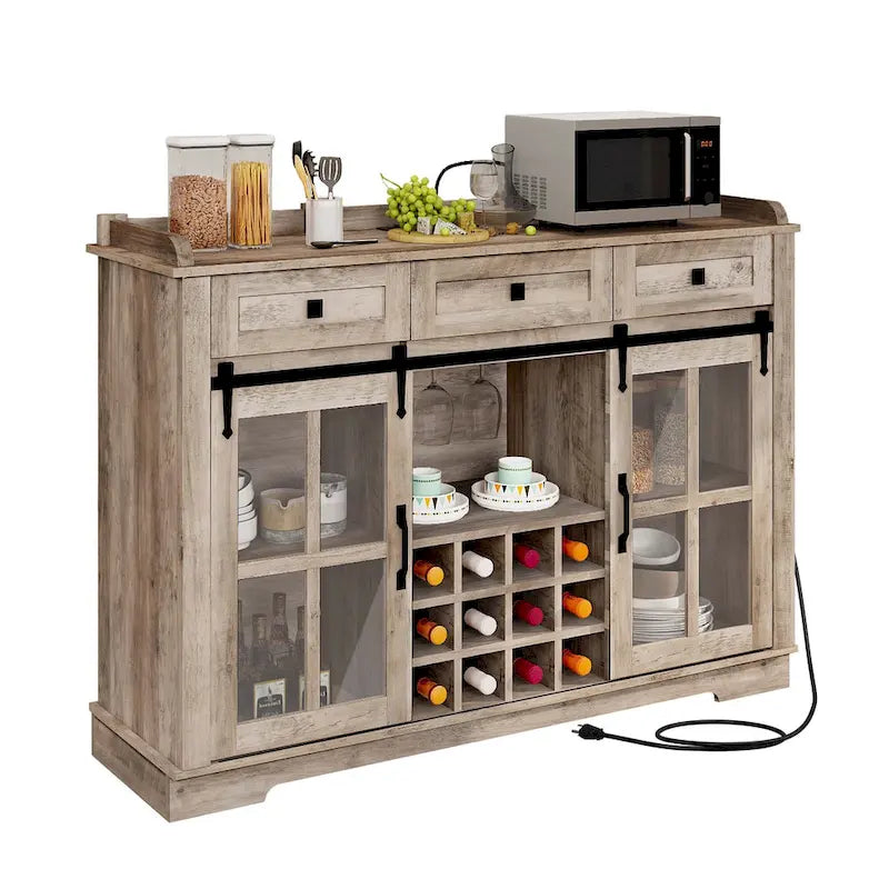Mobile Credenza 53 Barn Door con Portabottiglie, Armadietto Buffet da Cucina con Ante Scorrevoli