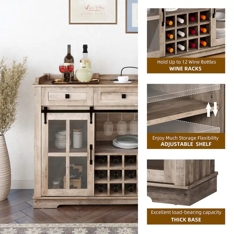 Mobile Credenza 53 Barn Door con Portabottiglie, Armadietto Buffet da Cucina con Ante Scorrevoli