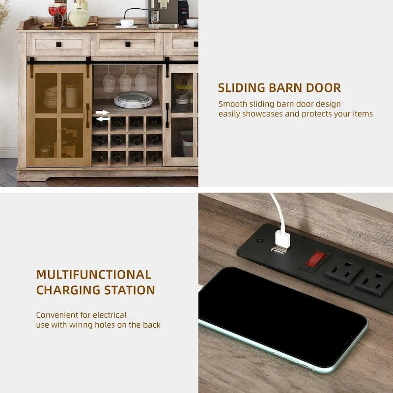Mobile Credenza 53 Barn Door con Portabottiglie, Armadietto Buffet da Cucina con Ante Scorrevoli