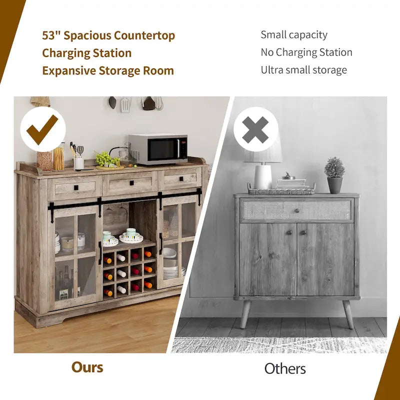 Mobile Credenza 53 Barn Door con Portabottiglie, Armadietto Buffet da Cucina con Ante Scorrevoli