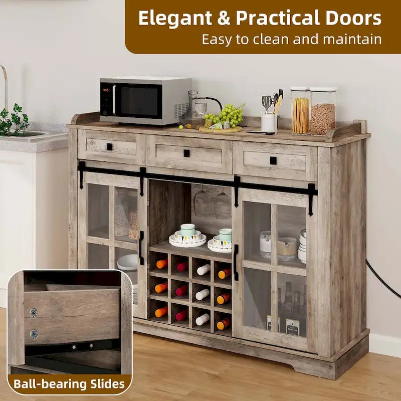 Mobile Credenza 53 Barn Door con Portabottiglie, Armadietto Buffet da Cucina con Ante Scorrevoli