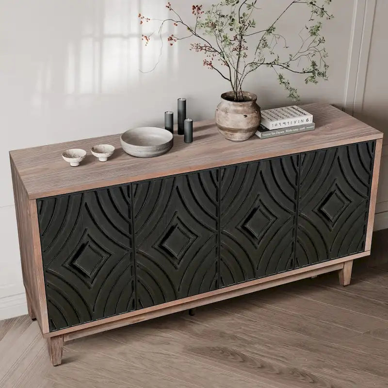Madia Buffet Mobile Contenitore da Cucina Credenza con 4 Ante a Motivo Diamantato Convesso e 2 Ripiani Tavolino Console d'Accento
