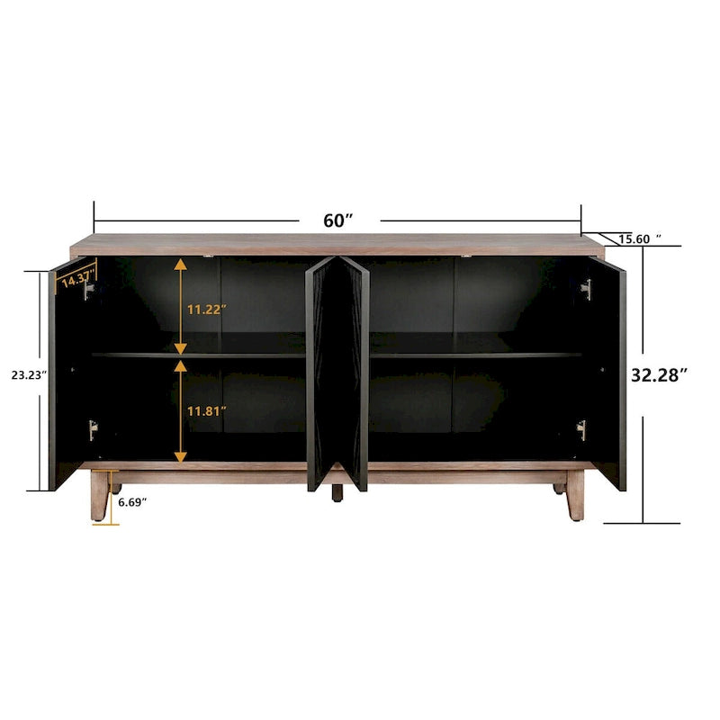 Madia Buffet Mobile Contenitore da Cucina Credenza con 4 Ante a Motivo Diamantato Convesso e 2 Ripiani Tavolino Console d'Accento