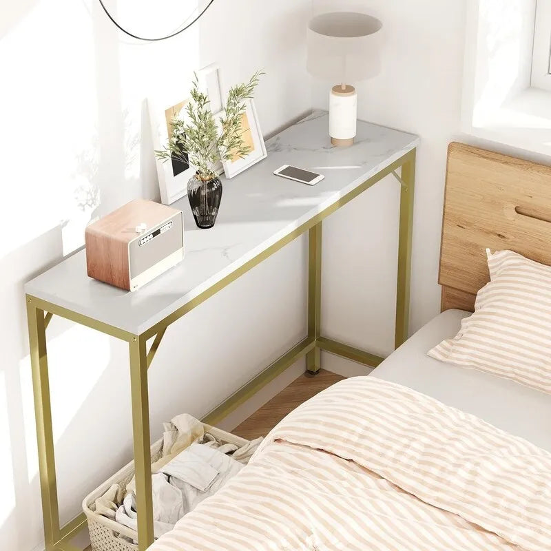 Consolle, Tavolo da Ingresso a 2 Livelli con Ripiano, Tavolo Stretto da Divano con Design a V
