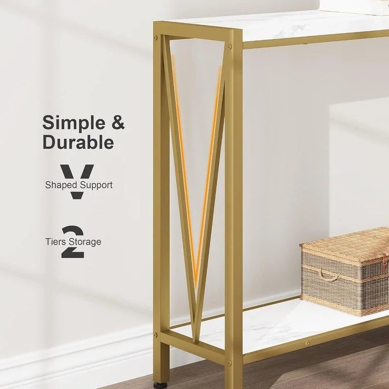 Consolle, Tavolo da Ingresso a 2 Livelli con Ripiano, Tavolo Stretto da Divano con Design a V