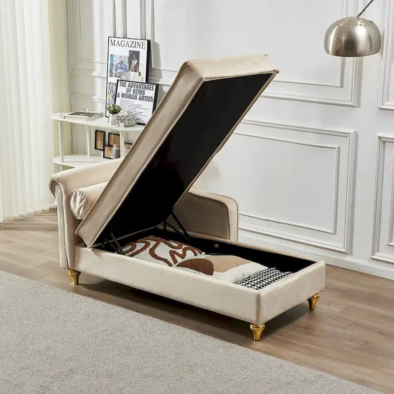 Chaise longue moderna imbottita in velluto con contenitore