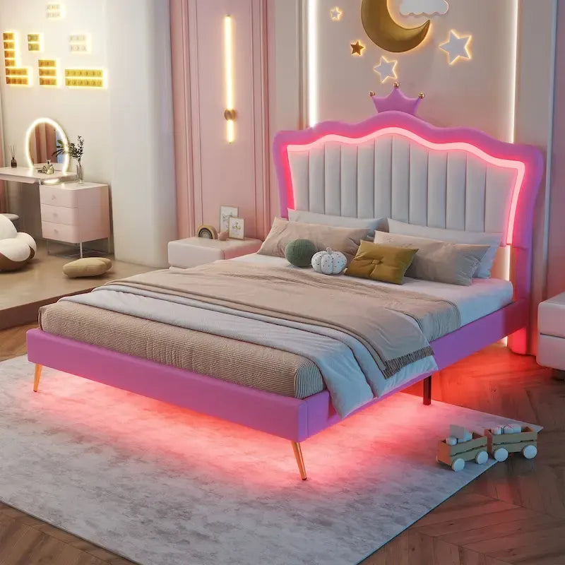 Letto imbottito Full Size con luci a LED, letto imbottito moderno da principessa con testiera a corona, rosa + bianco
