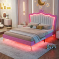 Letto imbottito Full Size con luci a LED, letto imbottito moderno da principessa con testiera a corona, rosa + bianco