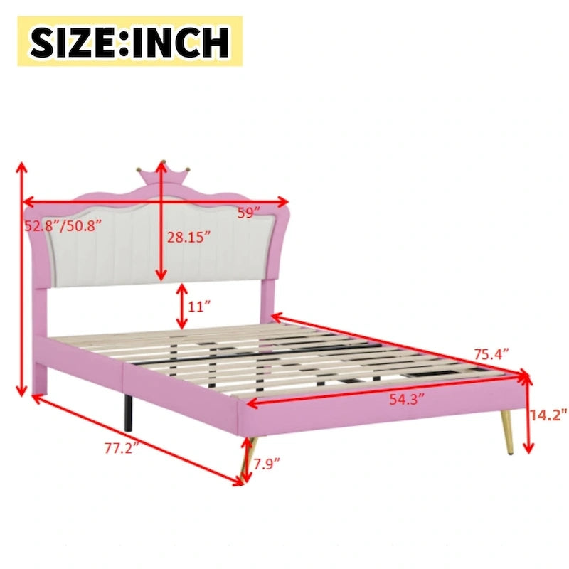 Letto imbottito Full Size con luci a LED, letto imbottito moderno da principessa con testiera a corona, rosa + bianco