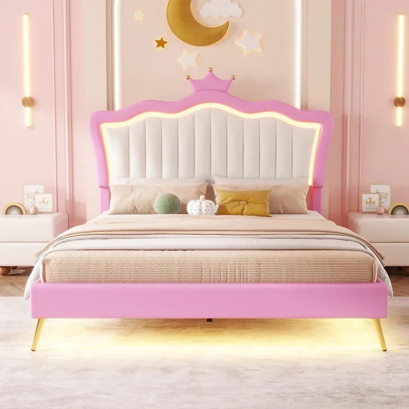 Letto imbottito Full Size con luci a LED, letto imbottito moderno da principessa con testiera a corona, rosa + bianco