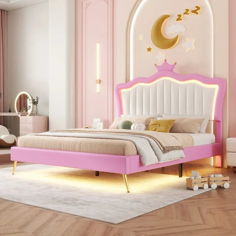 Letto imbottito Full Size con luci a LED, letto imbottito moderno da principessa con testiera a corona, rosa + bianco