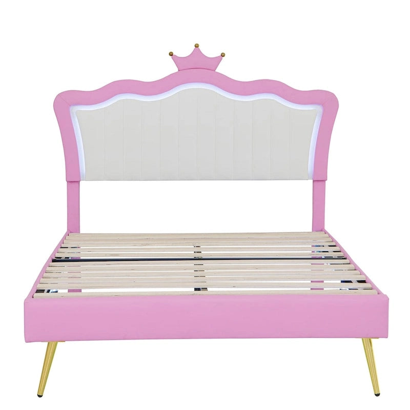 Letto imbottito Full Size con luci a LED, letto imbottito moderno da principessa con testiera a corona, rosa + bianco