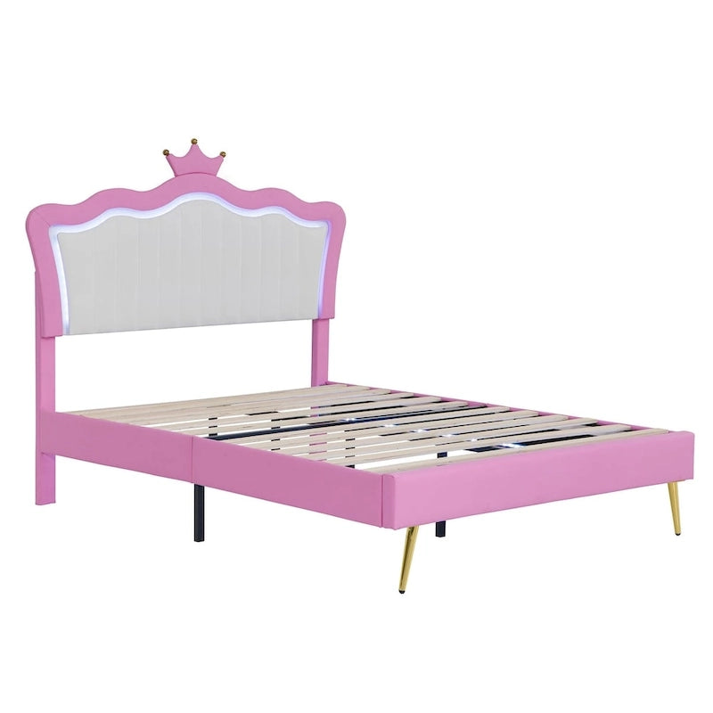 Letto imbottito Full Size con luci a LED, letto imbottito moderno da principessa con testiera a corona, rosa + bianco