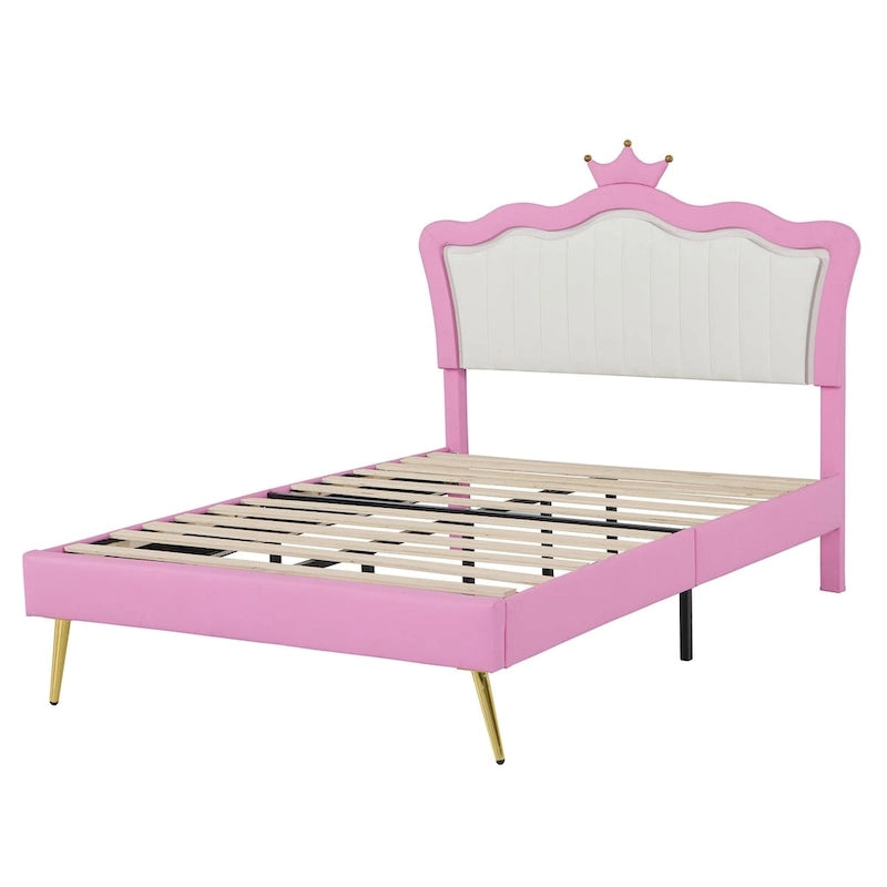 Letto imbottito Full Size con luci a LED, letto imbottito moderno da principessa con testiera a corona, rosa + bianco