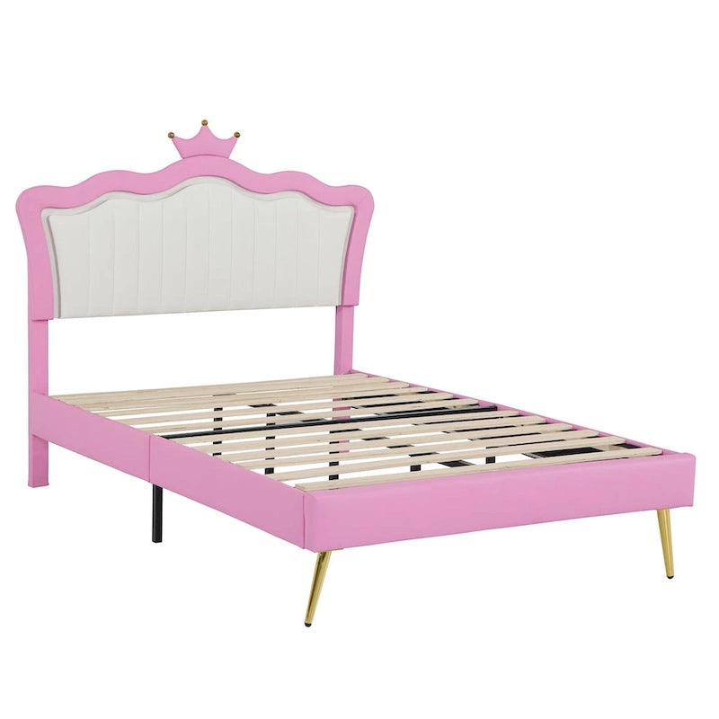 Letto imbottito Full Size con luci a LED, letto imbottito moderno da principessa con testiera a corona, rosa + bianco