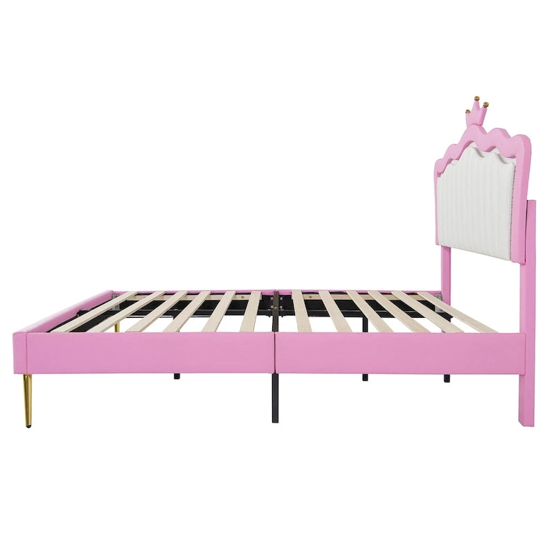 Letto imbottito Full Size con luci a LED, letto imbottito moderno da principessa con testiera a corona, rosa + bianco