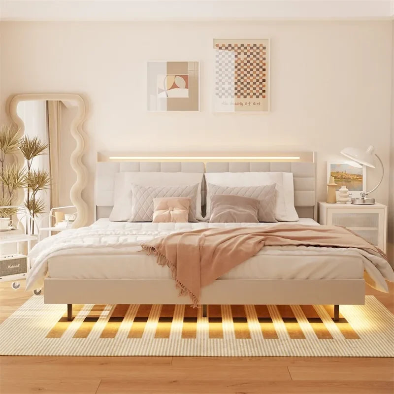 Letto Imbottito con Piattaforma Queen Size a LED con Testiera e Stazione di Ricarica