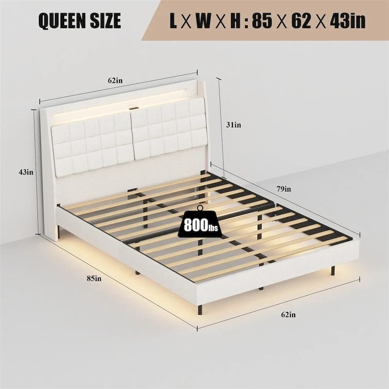 Letto Imbottito con Piattaforma Queen Size a LED con Testiera e Stazione di Ricarica