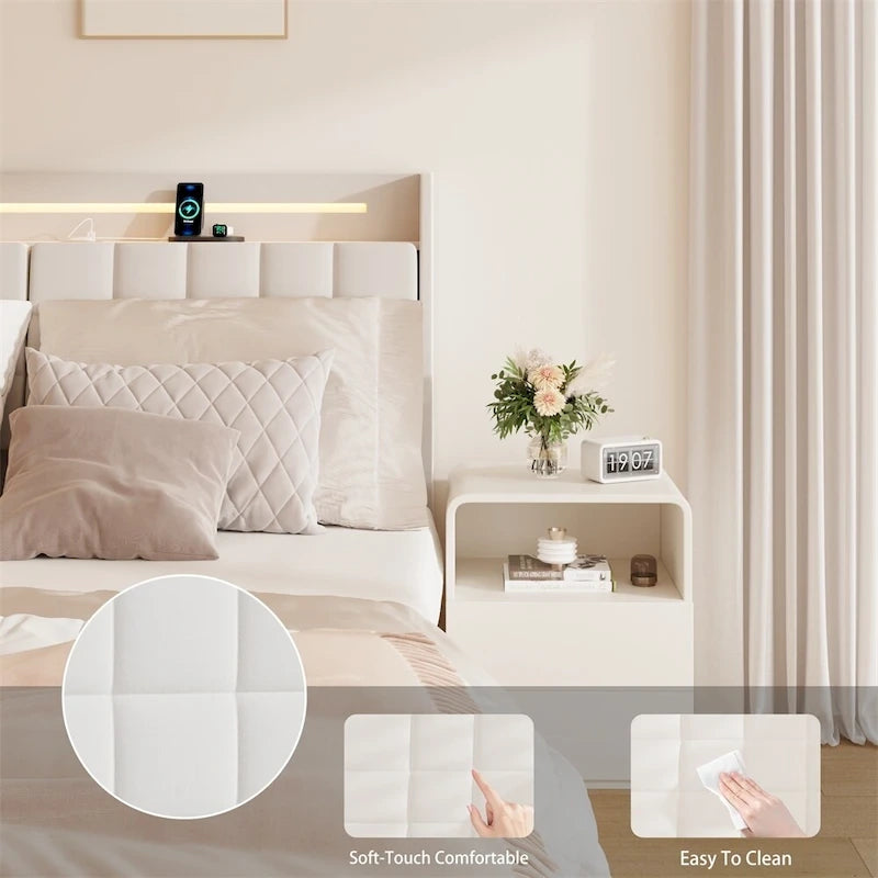Letto Imbottito con Piattaforma Queen Size a LED con Testiera e Stazione di Ricarica