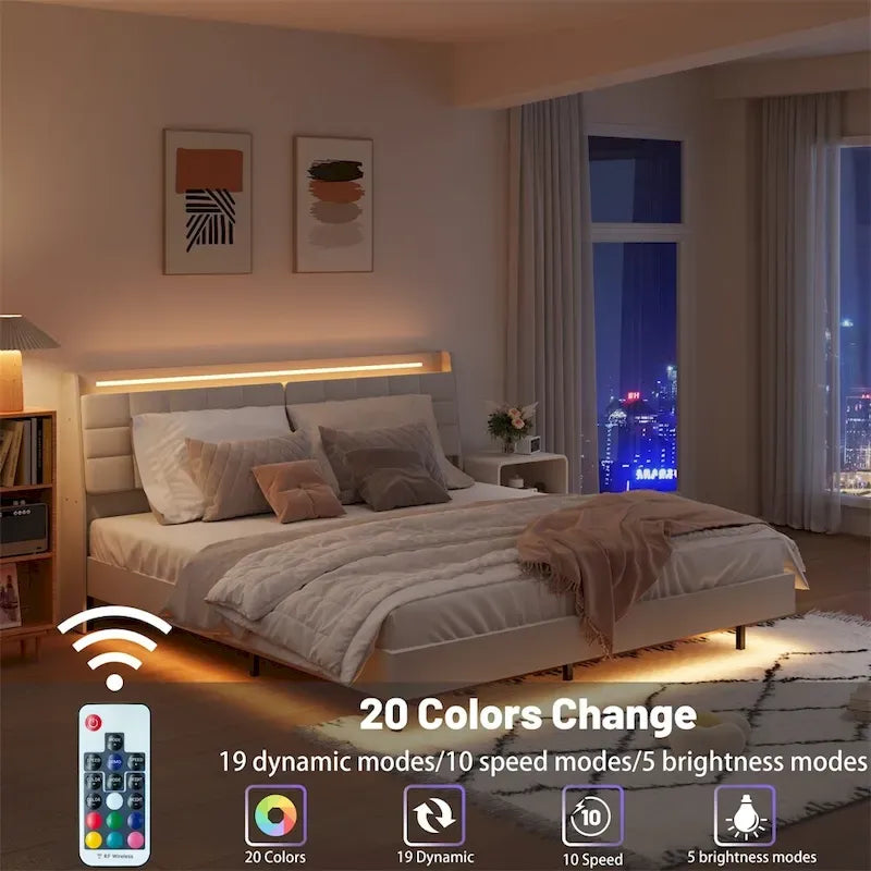Letto Imbottito con Piattaforma Queen Size a LED con Testiera e Stazione di Ricarica