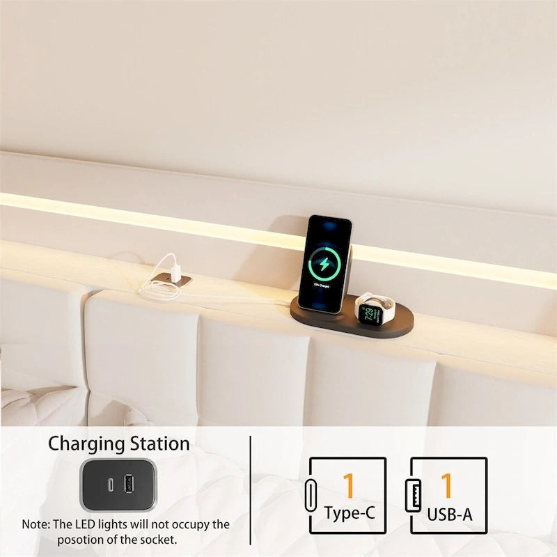 Letto Imbottito con Piattaforma Queen Size a LED con Testiera e Stazione di Ricarica