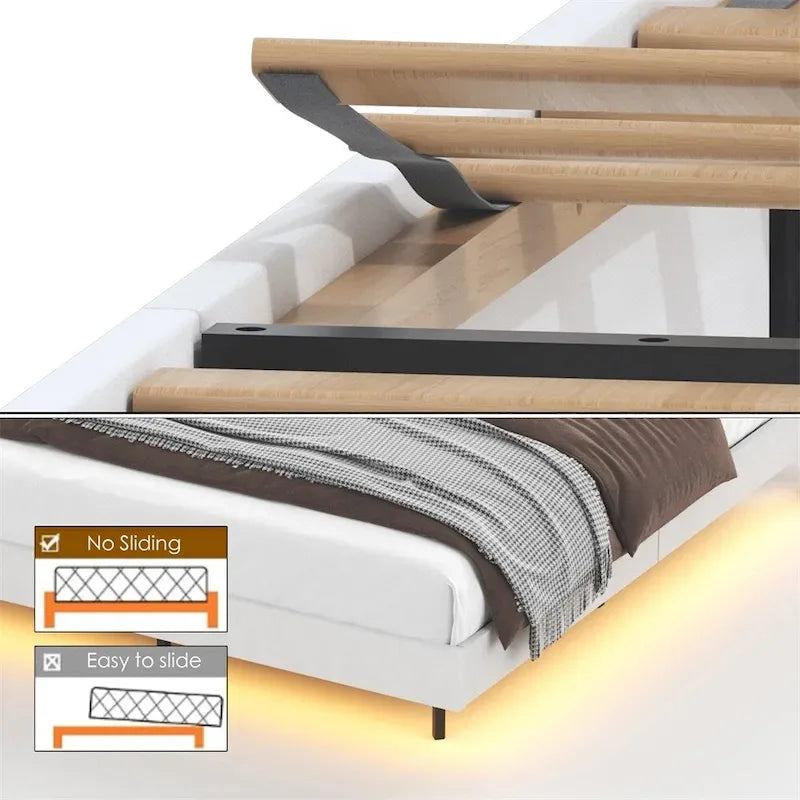 Letto Imbottito con Piattaforma Queen Size a LED con Testiera e Stazione di Ricarica