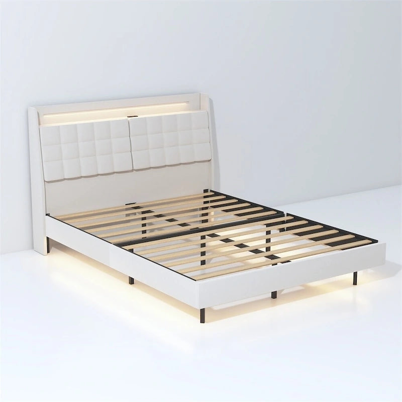 Letto Imbottito con Piattaforma Queen Size a LED con Testiera e Stazione di Ricarica