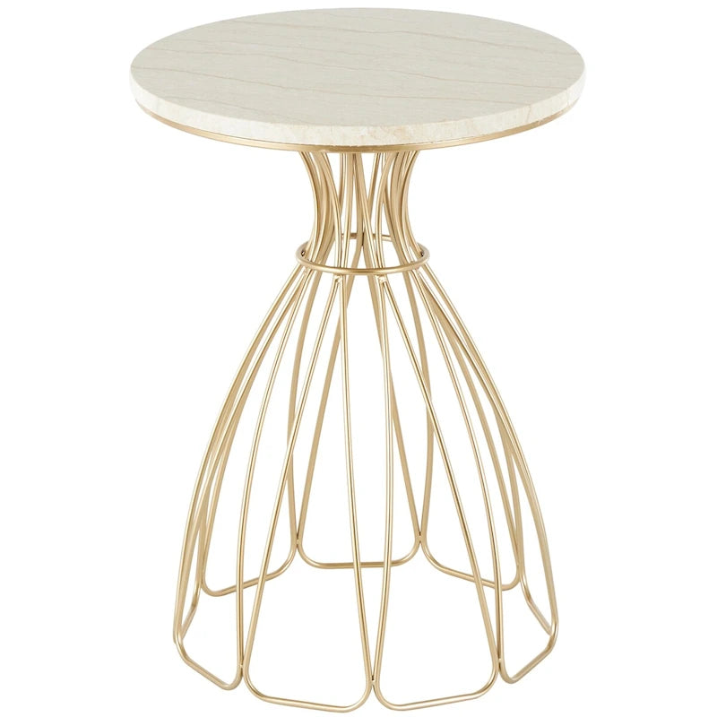 Tavolino d'appoggio/laterale con ripiano in marmo crema, ispirato a un fiore di metallo - Oro - Roche River Decor