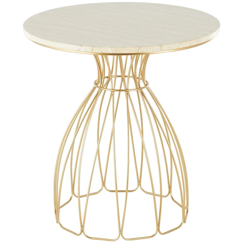 Tavolino d'appoggio/laterale con ripiano in marmo crema, ispirato a un fiore di metallo - Oro - Roche River Decor