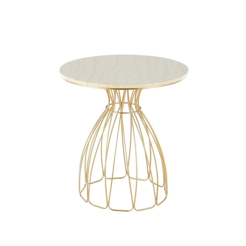 Tavolino d'appoggio/laterale con ripiano in marmo crema, ispirato a un fiore di metallo - Oro - Roche River Decor