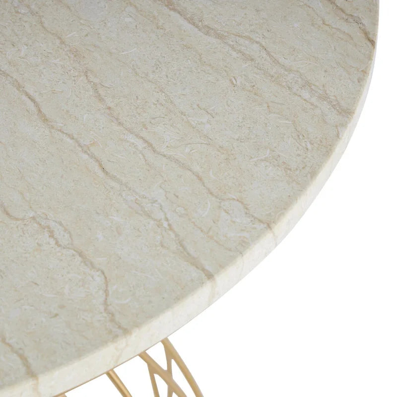 Tavolino d'appoggio/laterale con ripiano in marmo crema, ispirato a un fiore di metallo - Oro - Roche River Decor