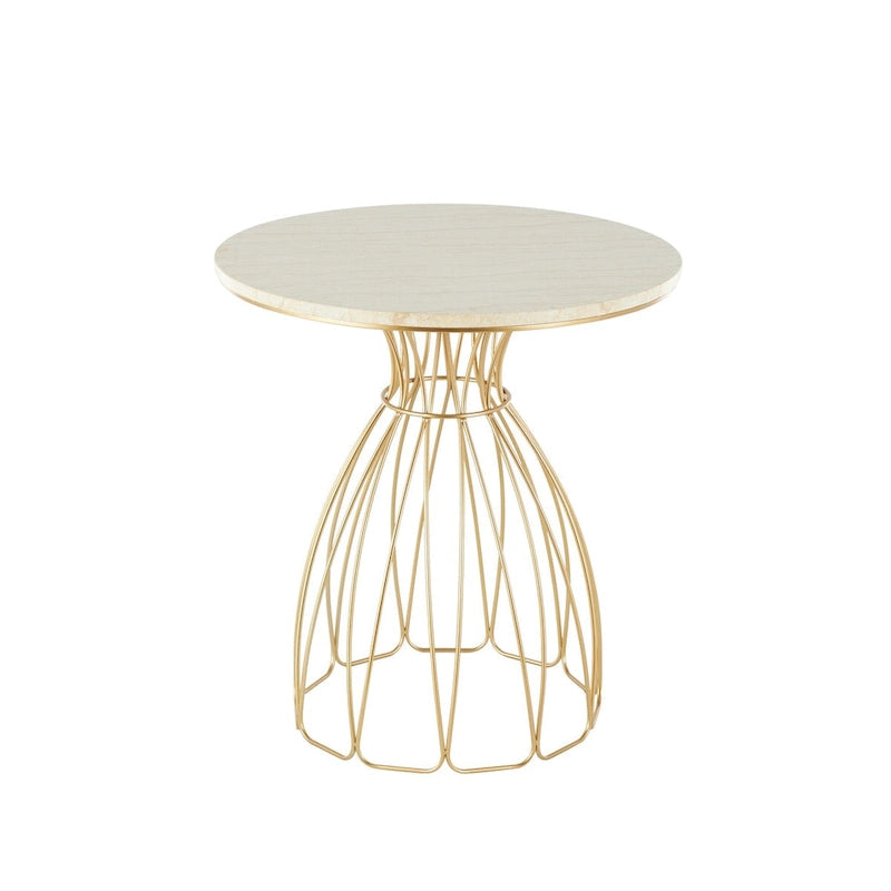 Tavolino d'appoggio/laterale con ripiano in marmo crema, ispirato a un fiore di metallo - Oro - Roche River Decor