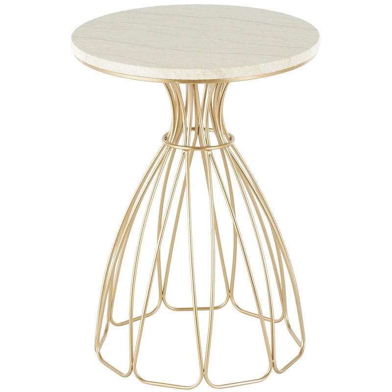 Tavolino d'appoggio/laterale con ripiano in marmo crema, ispirato a un fiore di metallo - Oro - Roche River Decor