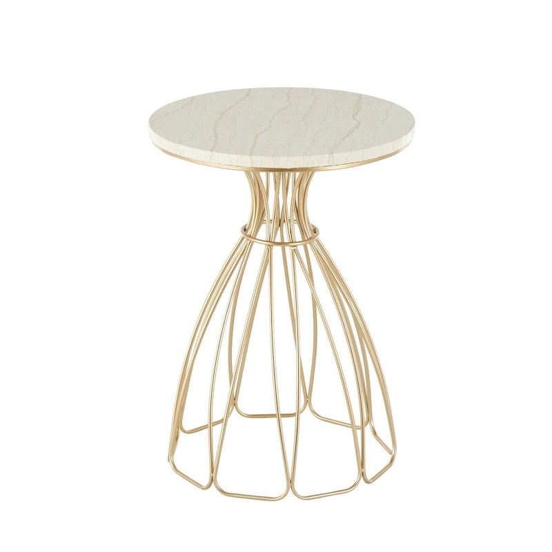 Tavolino d'appoggio/laterale con ripiano in marmo crema, ispirato a un fiore di metallo - Oro - Roche River Decor